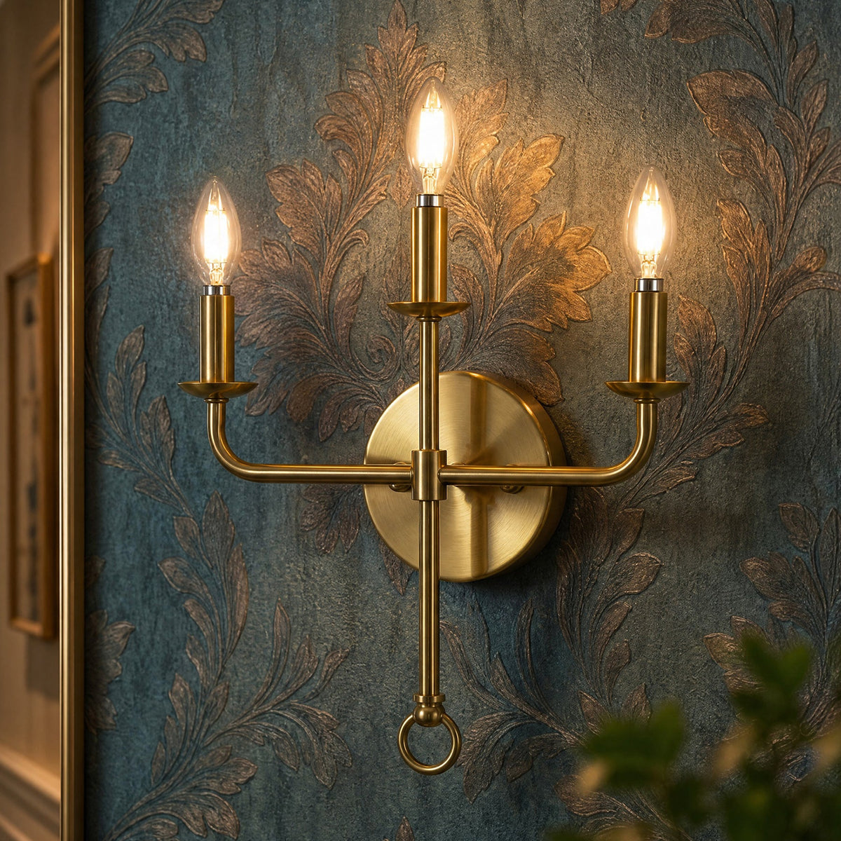 Three-Light Gold Wall Sconce, Brass Candle Wall Light for Bedroom