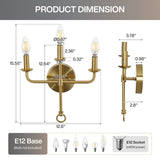 Three-light gold wall sconce with brass finish, showing dimensions: 15.55" x 12.64" x 12.6"