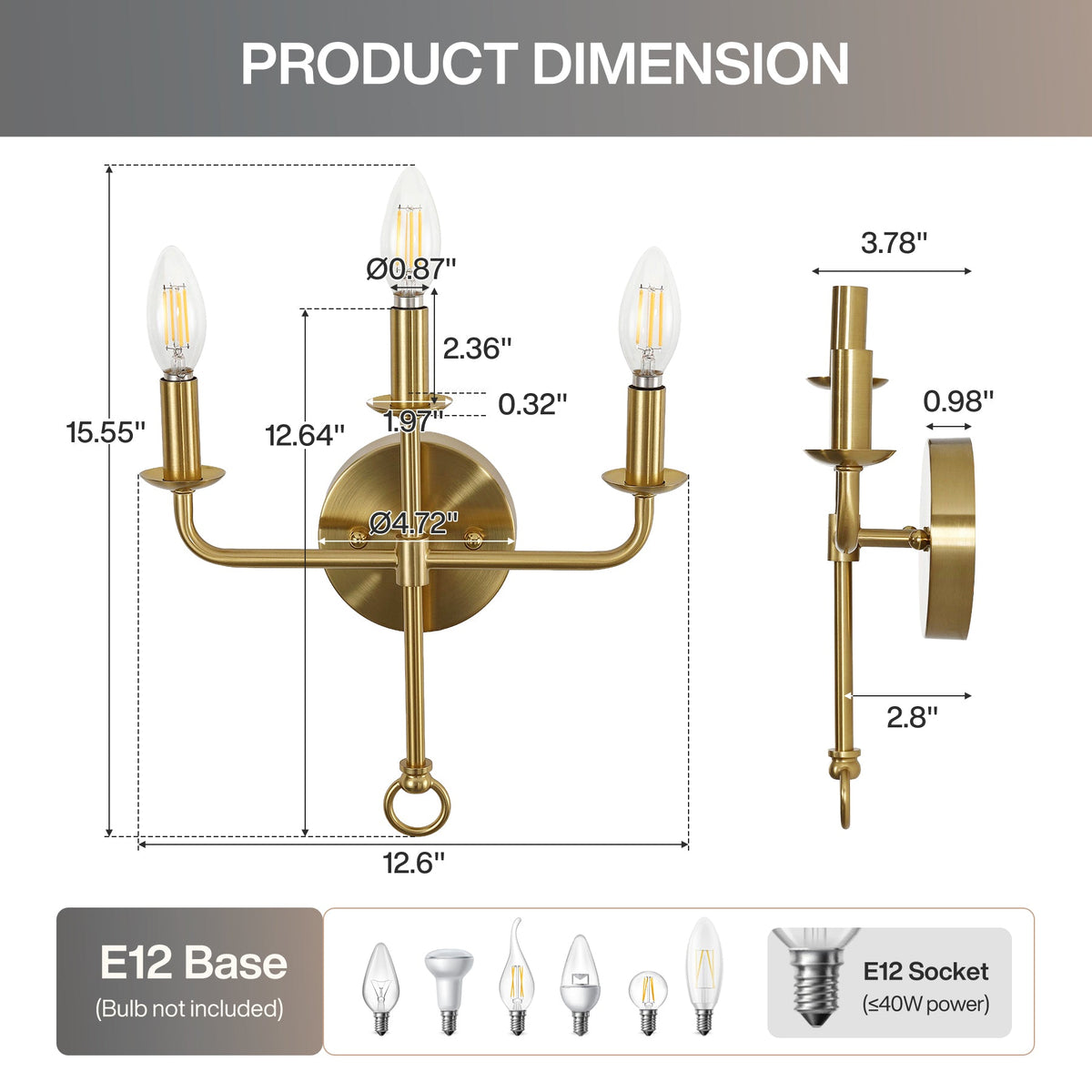 Three-Light Gold Wall Sconce, Brass Candle Wall Light for Bedroom
