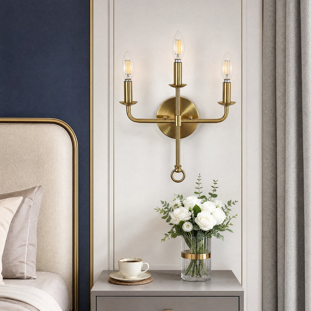 Three-Light Gold Wall Sconce, Brass Candle Wall Light for Bedroom