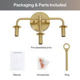 Three-light gold wall sconce with brass arms, shown with included parts