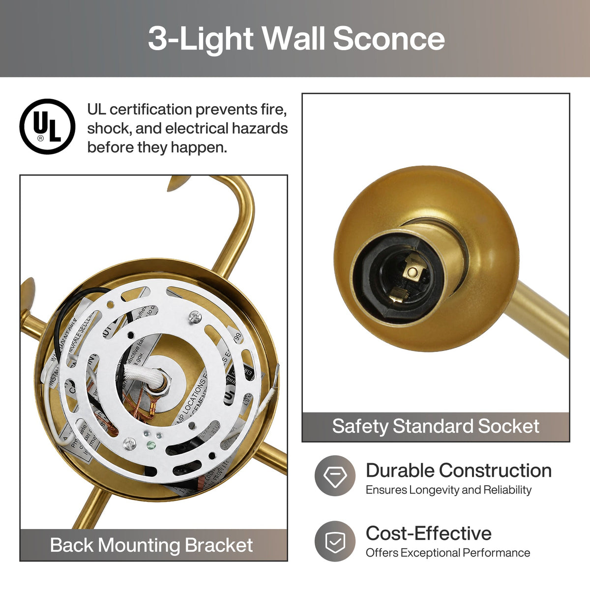 Close-up of gold brass three-light wall sconce back mounting bracket and socket
