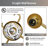 Close-up of gold brass three-light wall sconce back mounting bracket and socket