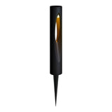 Black low voltage LED landscape path light with warm white glow, shown upright at an angle