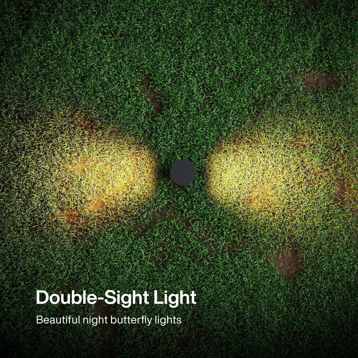 Two warm white LED lights embedded in grass, showing illuminated circular patterns