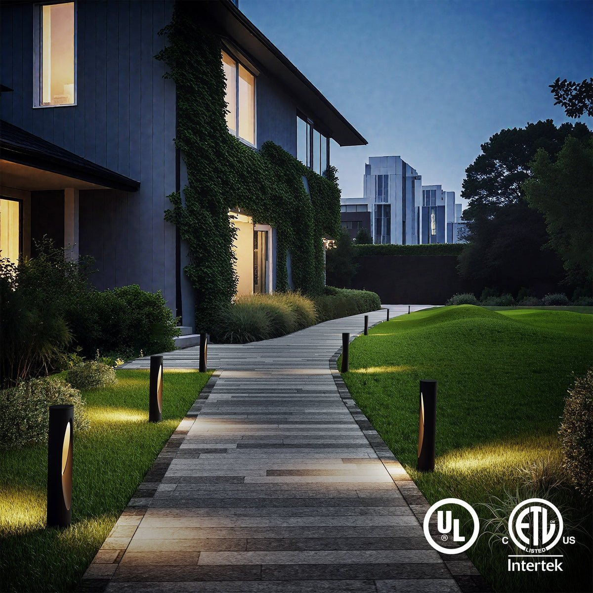 Six warm white low voltage LED path lights illuminate a stone walkway beside green grass