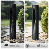 Black low voltage LED path light shown in rain and sun, waterproof IP65, working temp -4°F-104°F