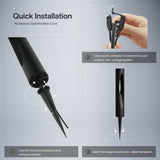 Black low voltage LED path light with quick connector and ground stake shown in installation steps