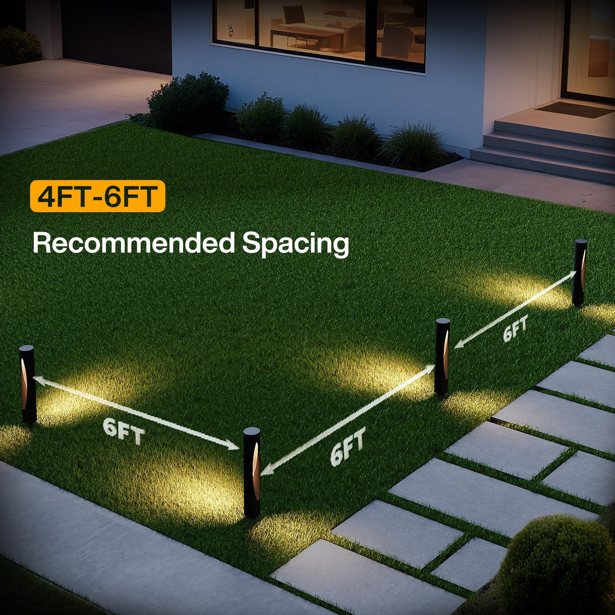Six black low voltage LED path lights spaced 6FT apart on grass near stone walkway, warm white light, with '4FT-6FT Recommended Spacing' text