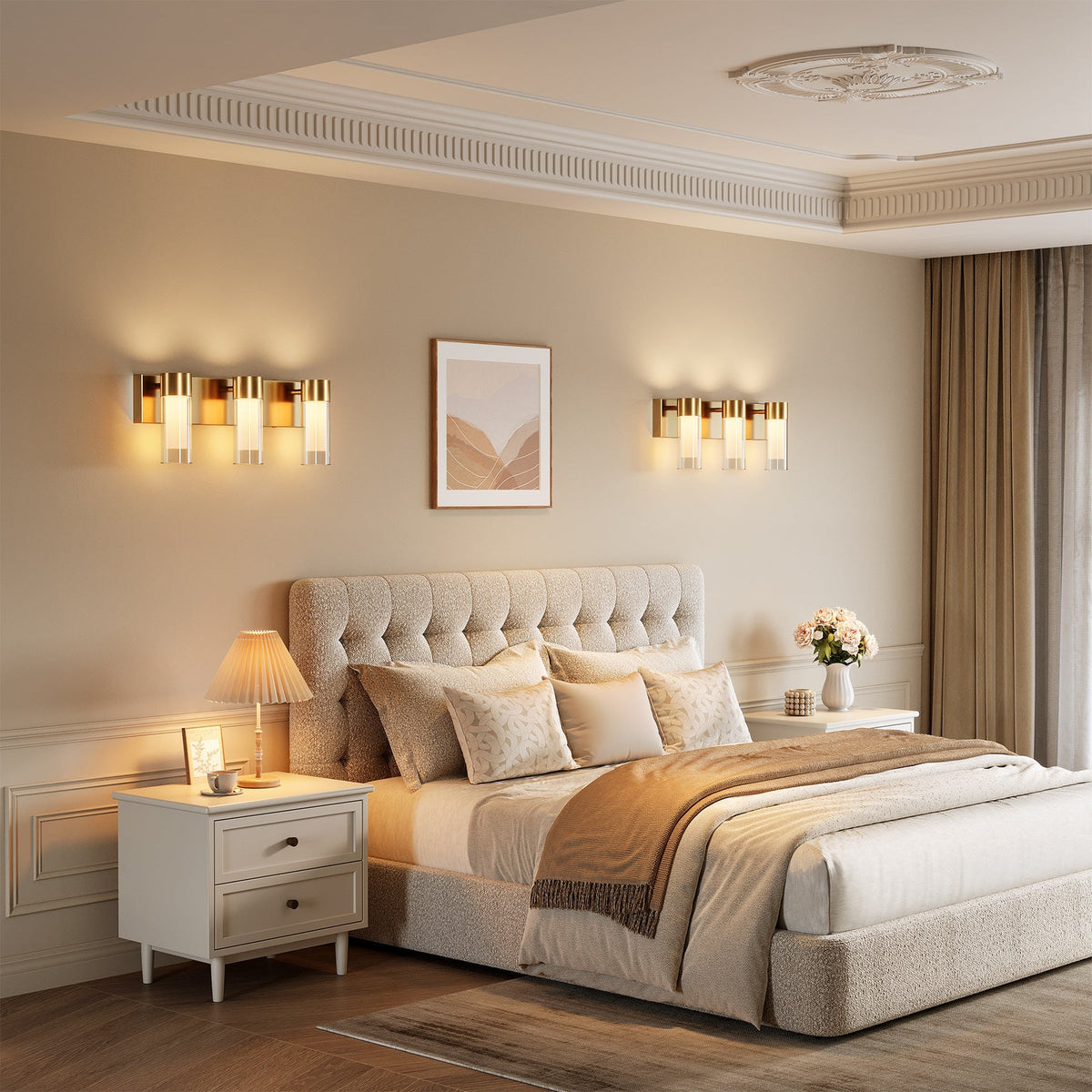 Gold LED wall sconce with three lights mounted on bedroom wall above bed