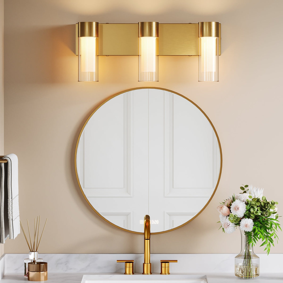Gold LED Bathroom Vanity Light, Three-Light Dimmable, Color Changing
