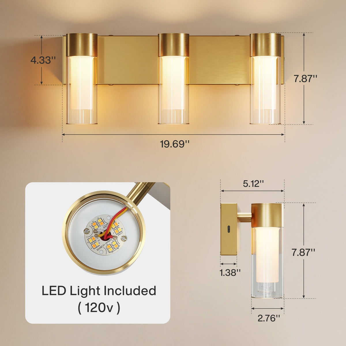 Gold LED Bathroom Vanity Light, Three-Light Dimmable, Color Changing