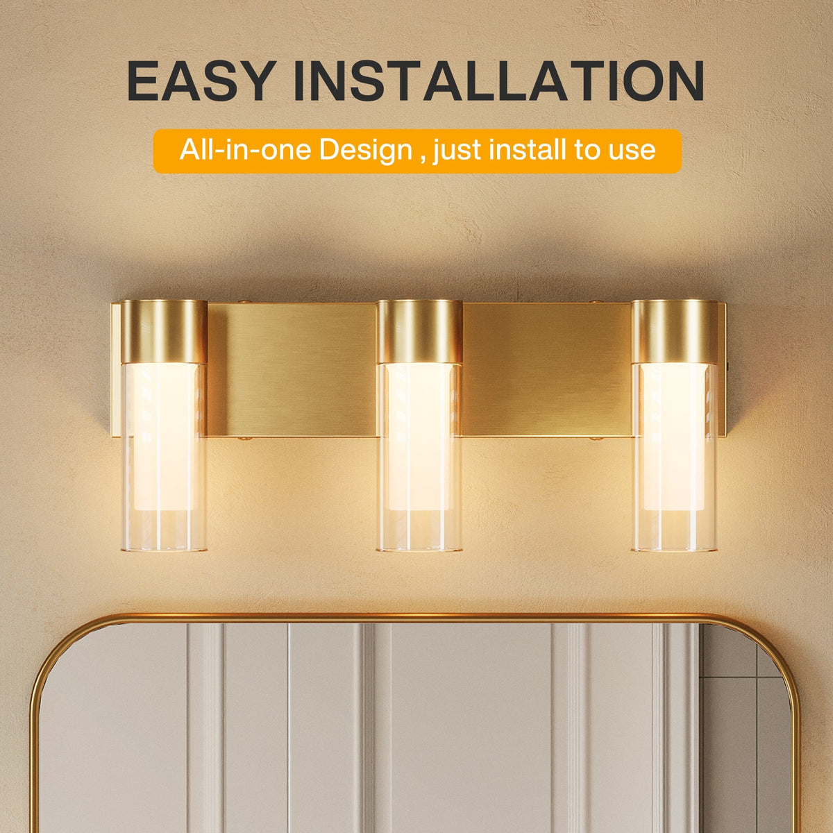 Gold LED Bathroom Vanity Light, Three-Light Dimmable, Color Changing