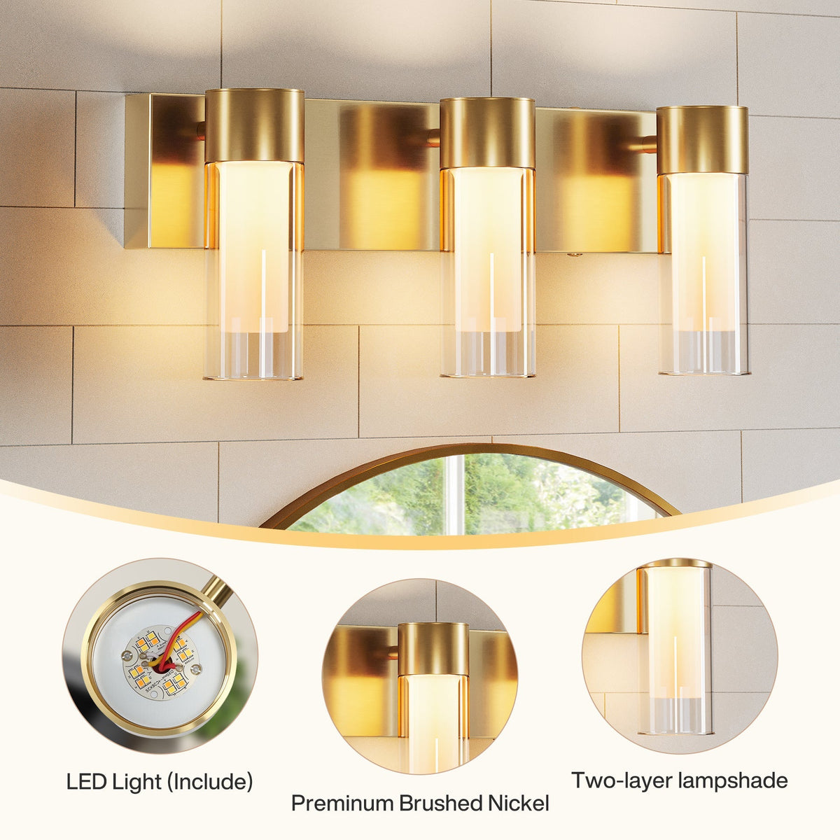 Three-light gold bathroom vanity light with brushed nickel finish and glass shades mounted above a mirror