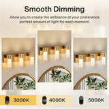 Gold LED bathroom vanity light with three adjustable lights shown at 3000K, 4000K, and 5000K color temperatures