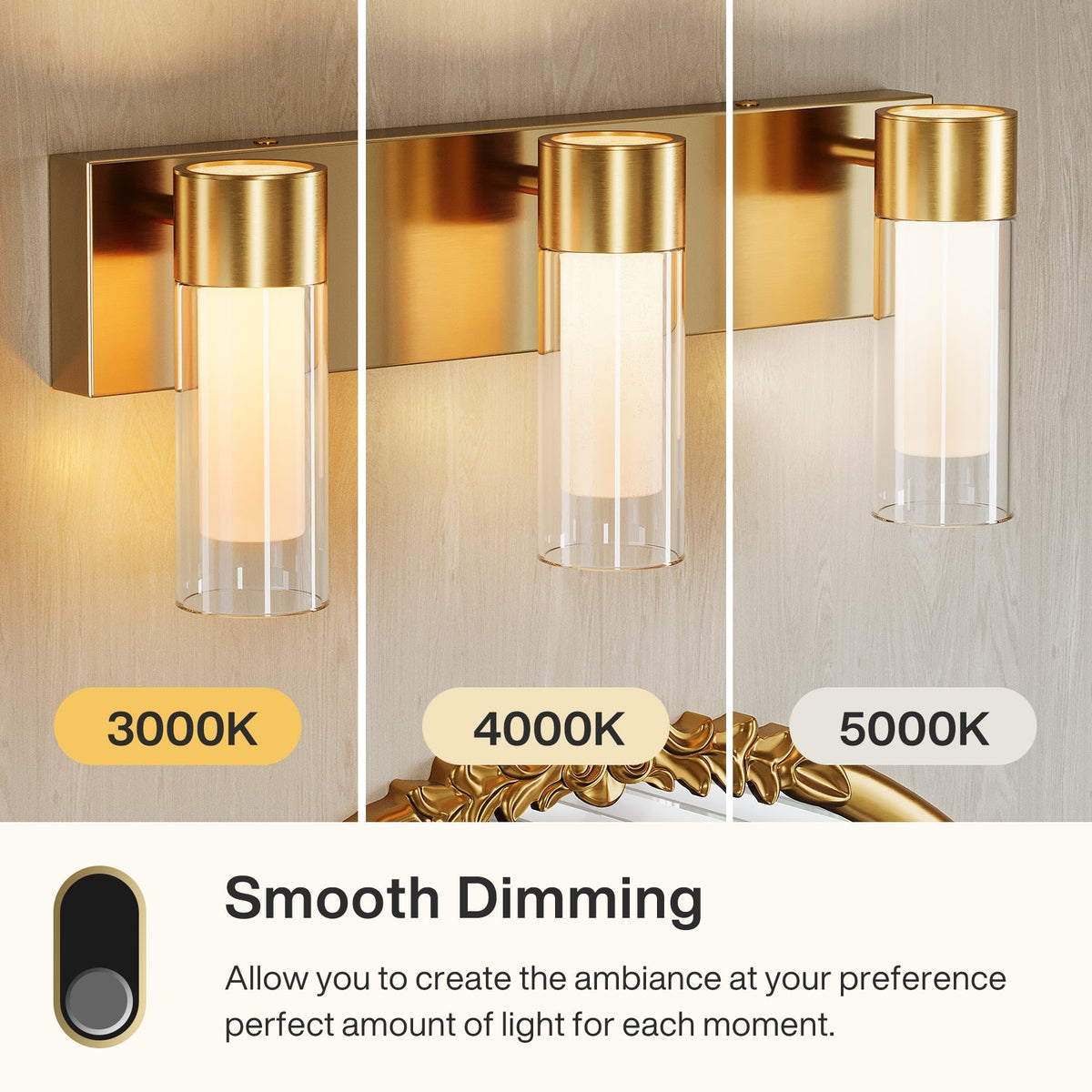 Gold LED bathroom vanity light with three cylindrical shades showing 3000K, 4000K, and 5000K color temperatures