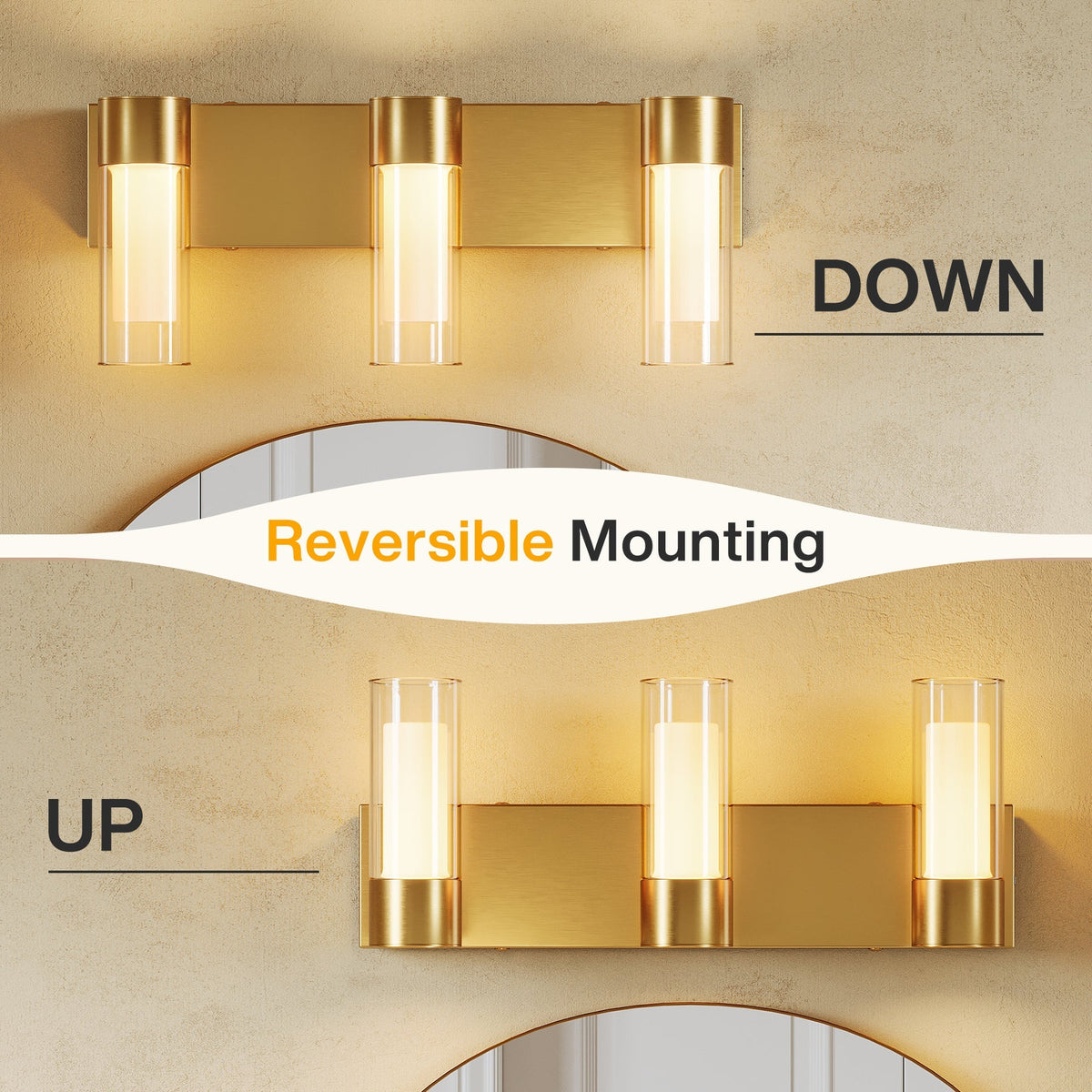 Gold LED bathroom vanity light with three lights, shown mounted upside down above a mirror