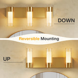 Gold LED bathroom vanity light with three lights, shown mounted upside down above a mirror