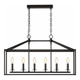 Black metal six-light farmhouse chandelier with candle-style bulbs, shown from front view