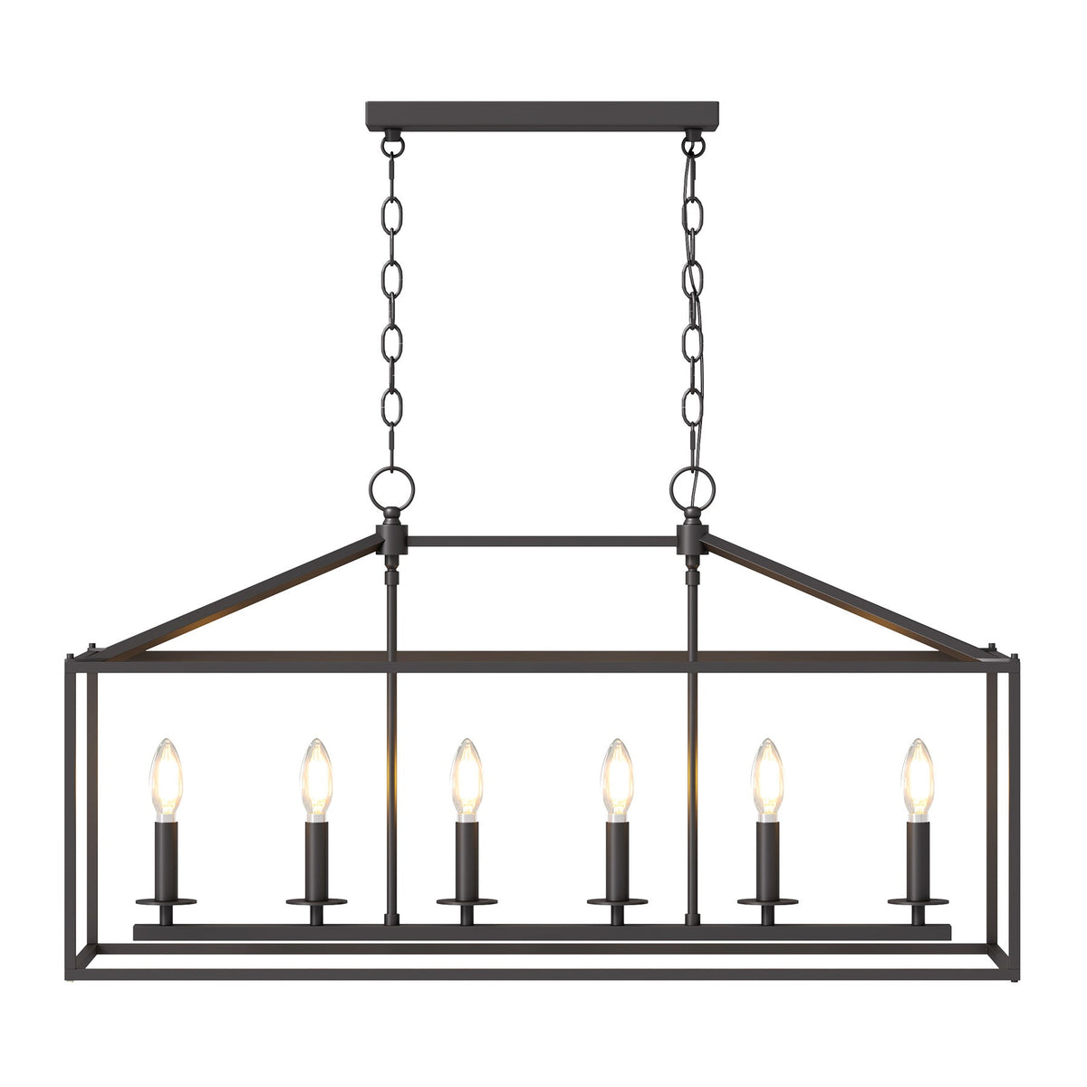 Black metal six-light farmhouse chandelier with candle-style bulbs, shown from front view
