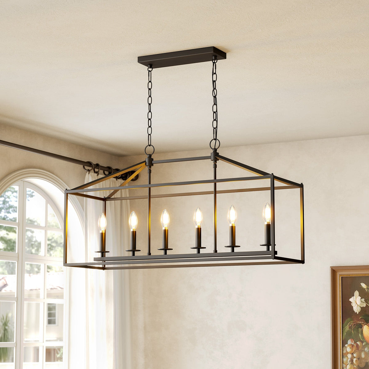 Six-Light Farmhouse Kitchen Island Chandelier, Black Candle Cage
