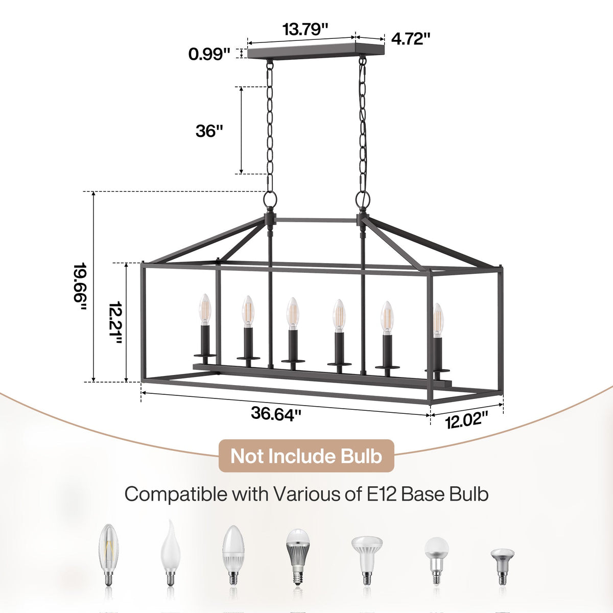 Black metal six-light farmhouse chandelier with candle-style bulbs, 36.64" wide, 19.66" high, 12.02" deep