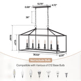 Black metal six-light farmhouse chandelier with candle-style bulbs, 36.64" wide, 19.66" high, 12.02" deep