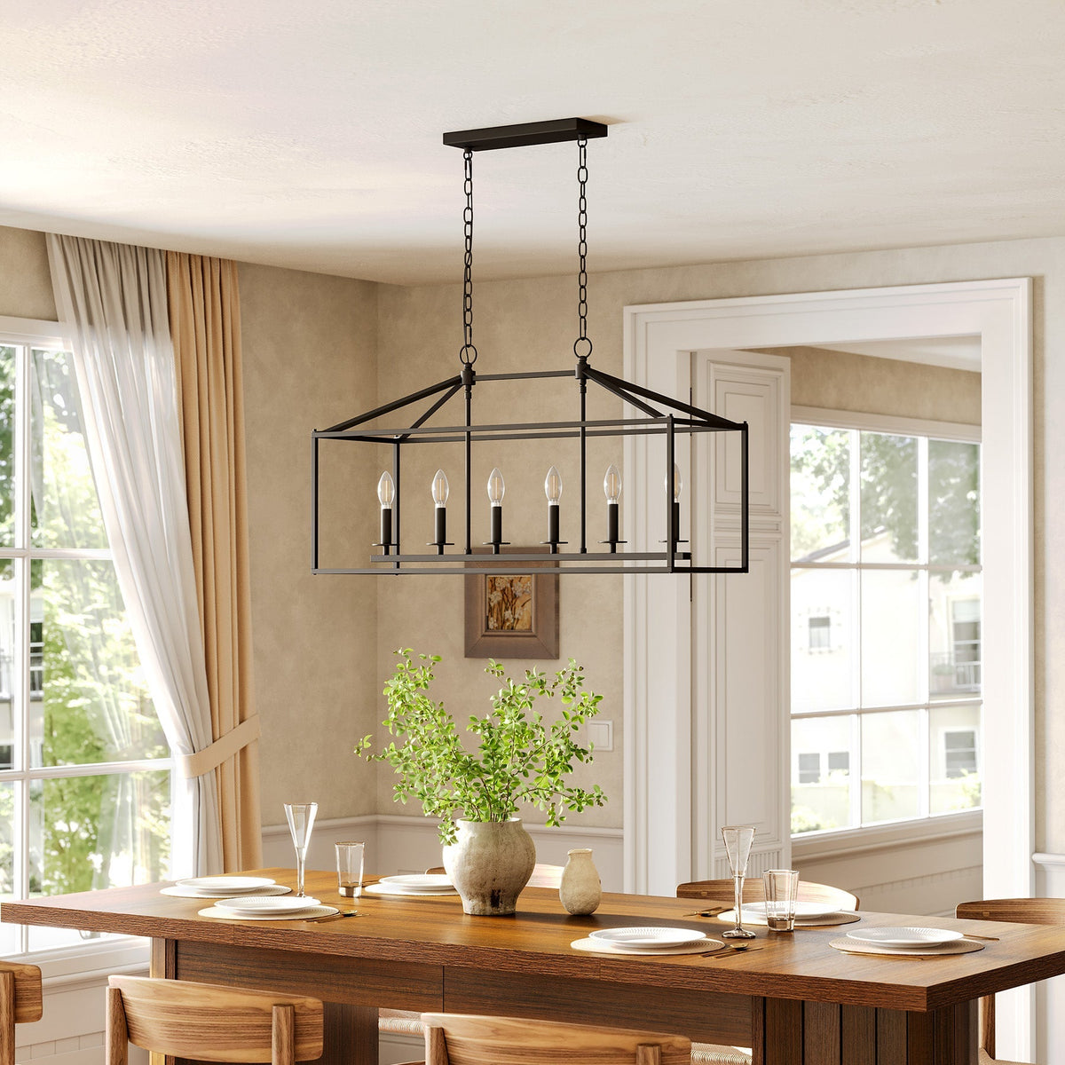 Black metal six-light farmhouse chandelier over wooden dining table in kitchen