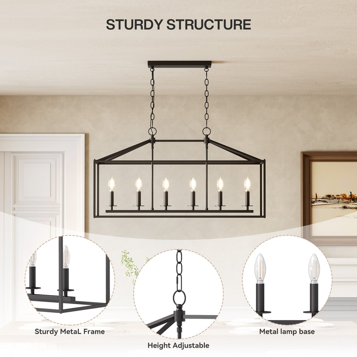 Black metal six-light farmhouse chandelier with candle-style bulbs, shown hanging in a room