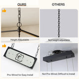 Black metal chandelier with chain suspension and pre-wired canopy for easy installation