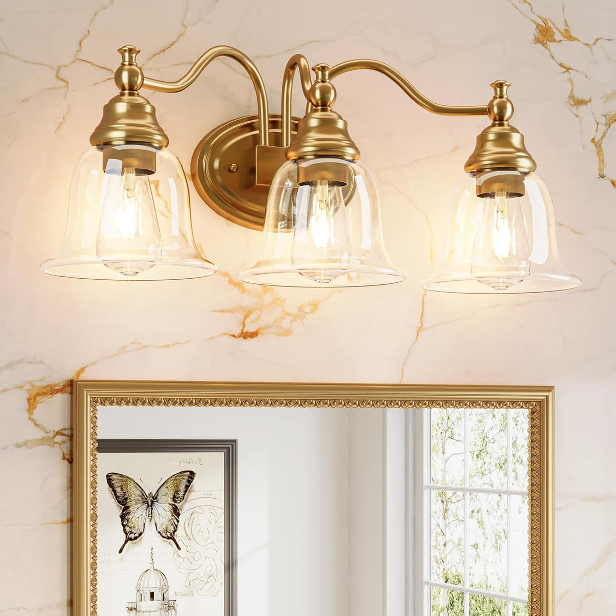 Gold Bathroom Vanity Light, Three-Light Clear Glass Bell Shades