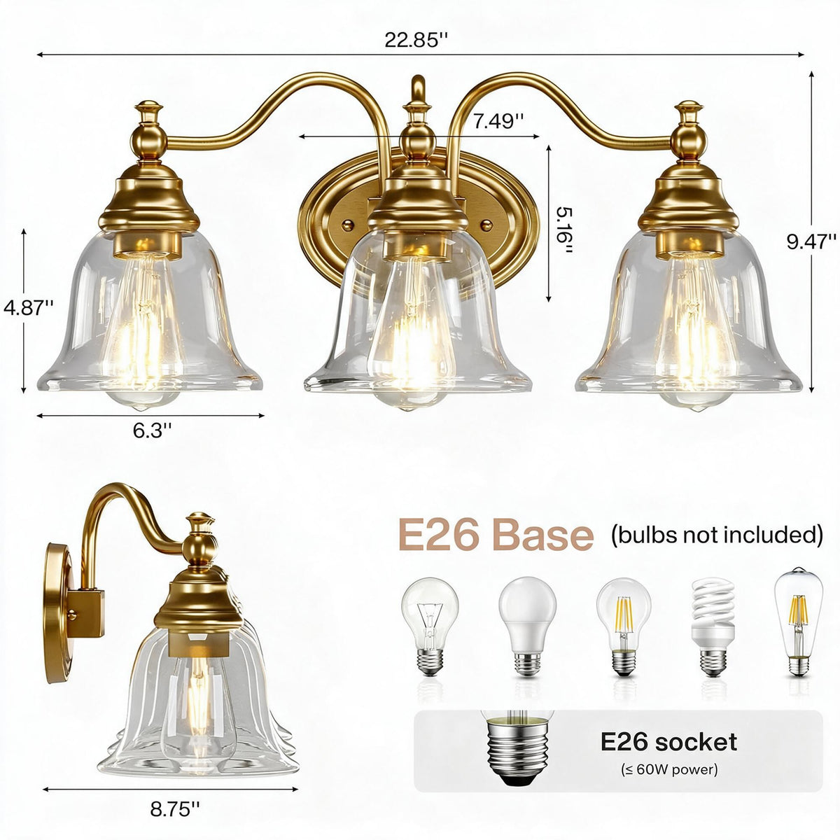 Gold bathroom vanity light with three clear glass bell shades, shown with dimensions 22.85" wide, 5.16" high, and 9.47" deep