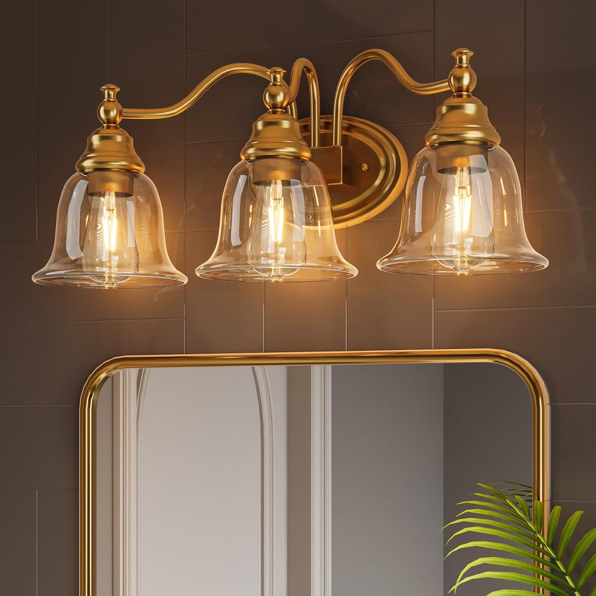 Gold Bathroom Vanity Light, Three-Light Clear Glass Bell Shades