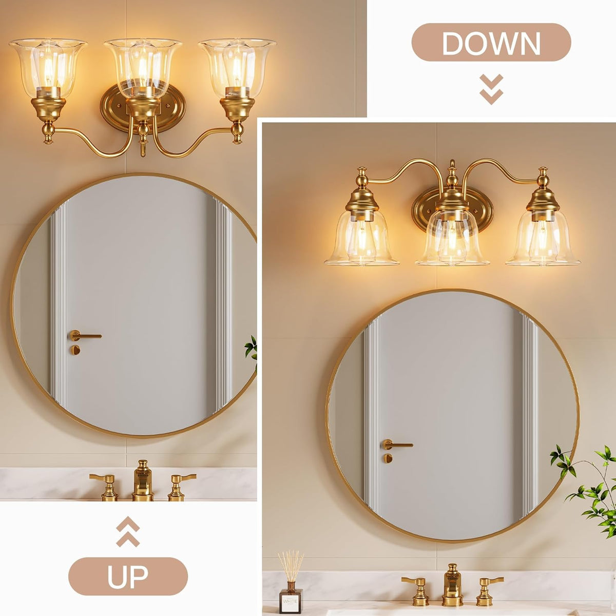 Gold bathroom vanity light with three clear glass bell shades, shown above a round mirror in a bathroom