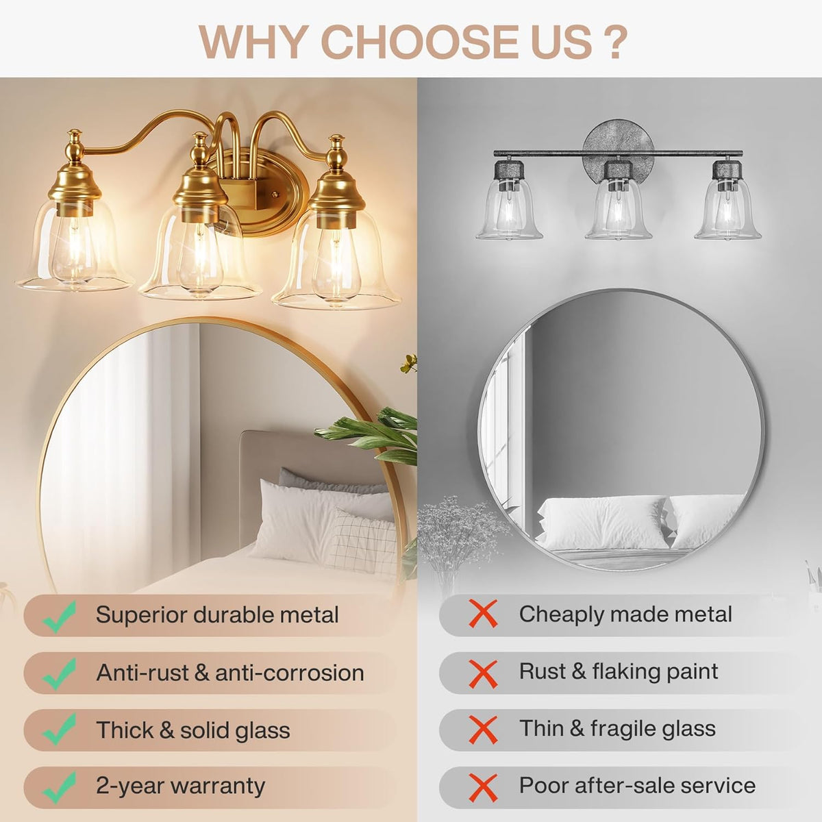 Gold bathroom vanity light with three clear glass bell shades, shown mounted above a round mirror in a bedroom