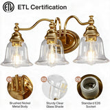 Close-up of gold bathroom vanity light showing brushed nickel body, clear glass shades, and E26 socket