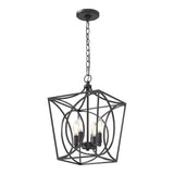 Black metal geometric cage pendant light with four exposed bulbs, viewed from front