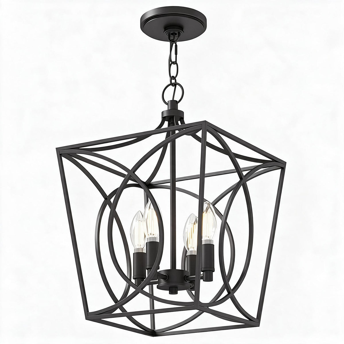 Matte black metal geometric cage pendant light with four exposed bulbs, viewed from front