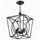 Matte black metal geometric cage pendant light with four exposed bulbs, viewed from front