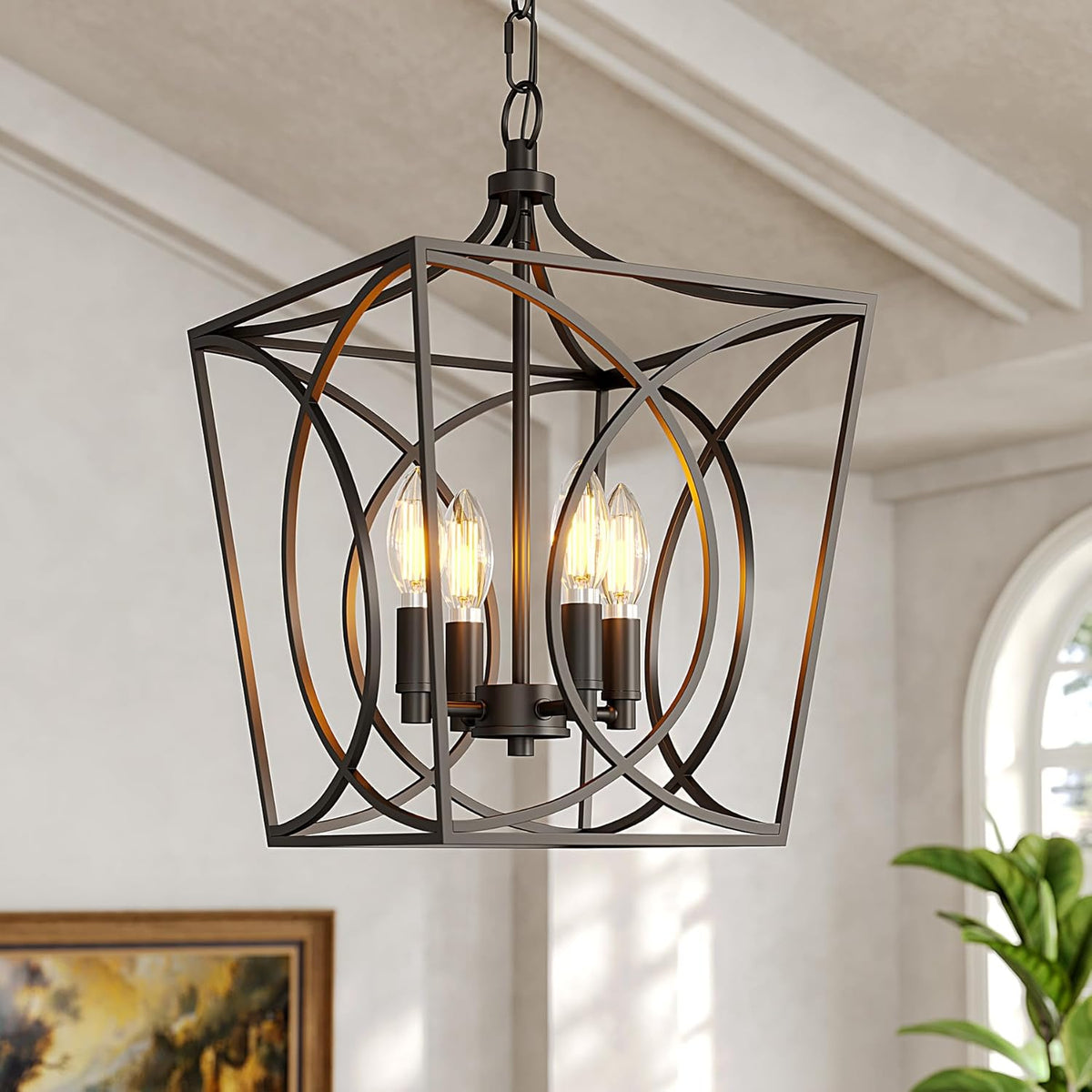 Four-Light Geometric Cage Pendant Light, Farmhouse Chandelier
