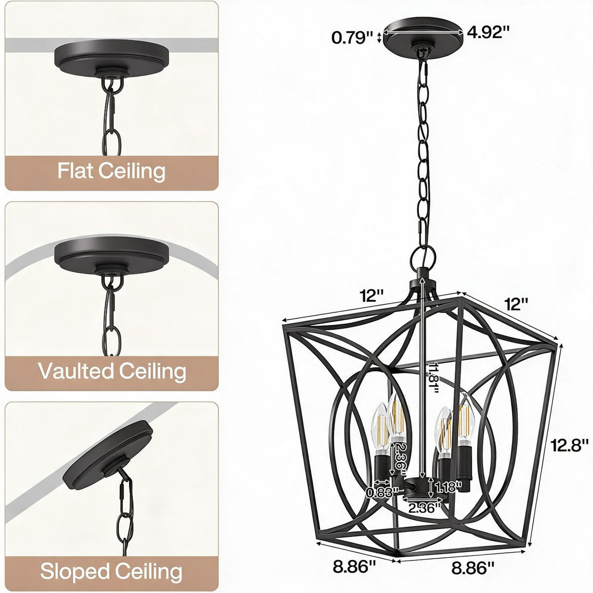 Black metal four-light geometric cage pendant light with dimensions 12.8" x 8.86" x 8.86" shown hanging from flat, vaulted, and sloped ceilings