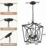 Black metal four-light geometric cage pendant light with dimensions 12.8" x 8.86" x 8.86" shown hanging from flat, vaulted, and sloped ceilings