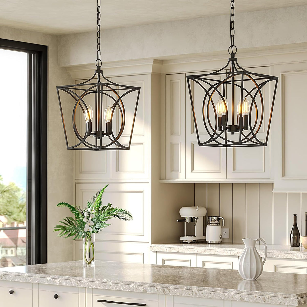 Four-Light Geometric Cage Pendant Light, Farmhouse Chandelier