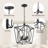 Matte black four-light geometric cage pendant light with 60-inch adjustable chain