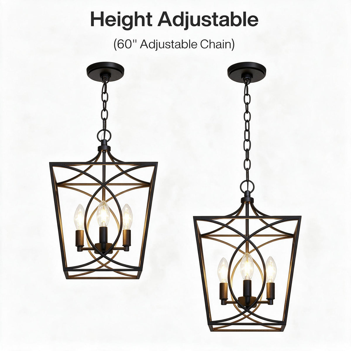 Black metal four-light geometric cage pendant with 60-inch adjustable chain, shown from front and side angles