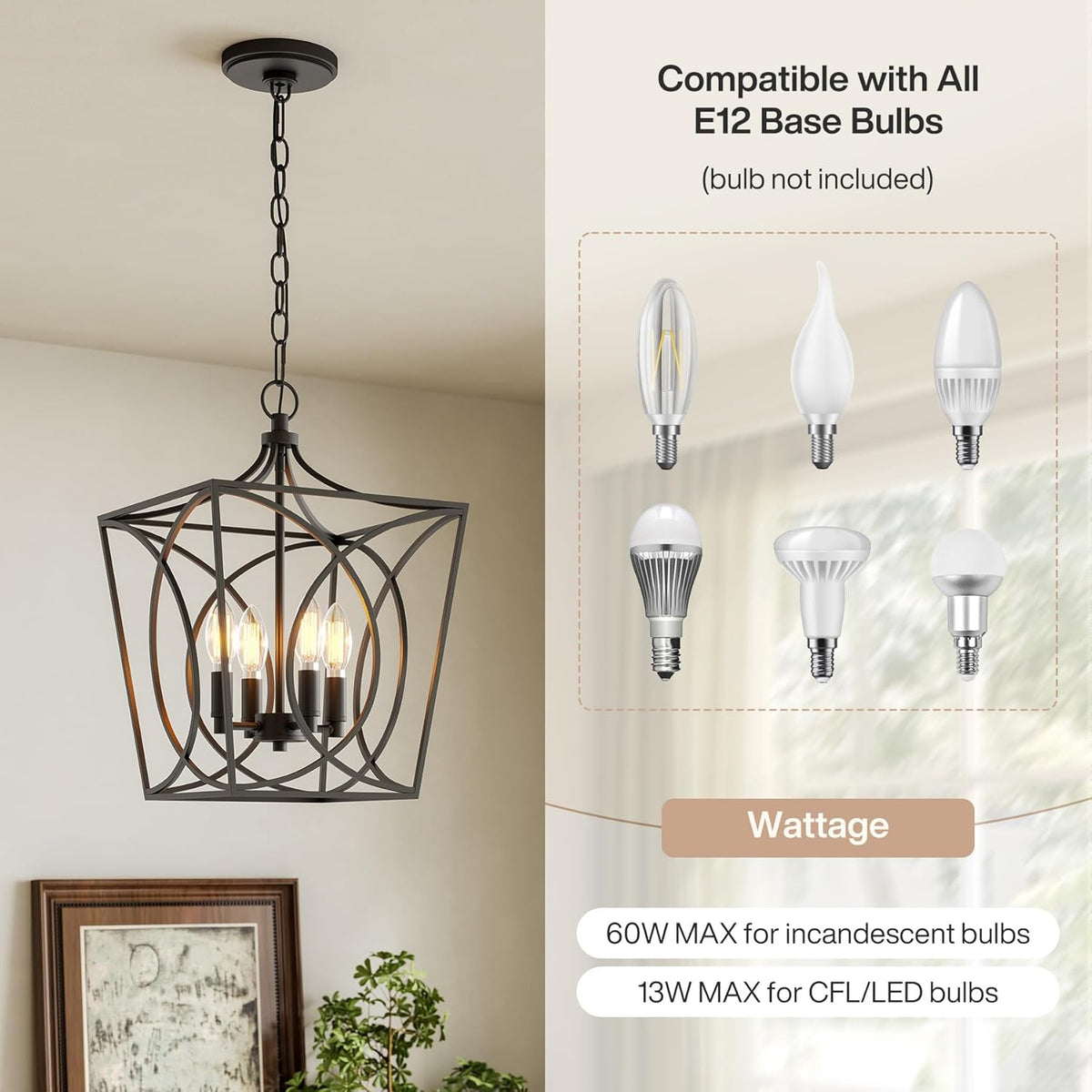 Black metal geometric cage pendant light with four lit bulbs, shown in a room setting