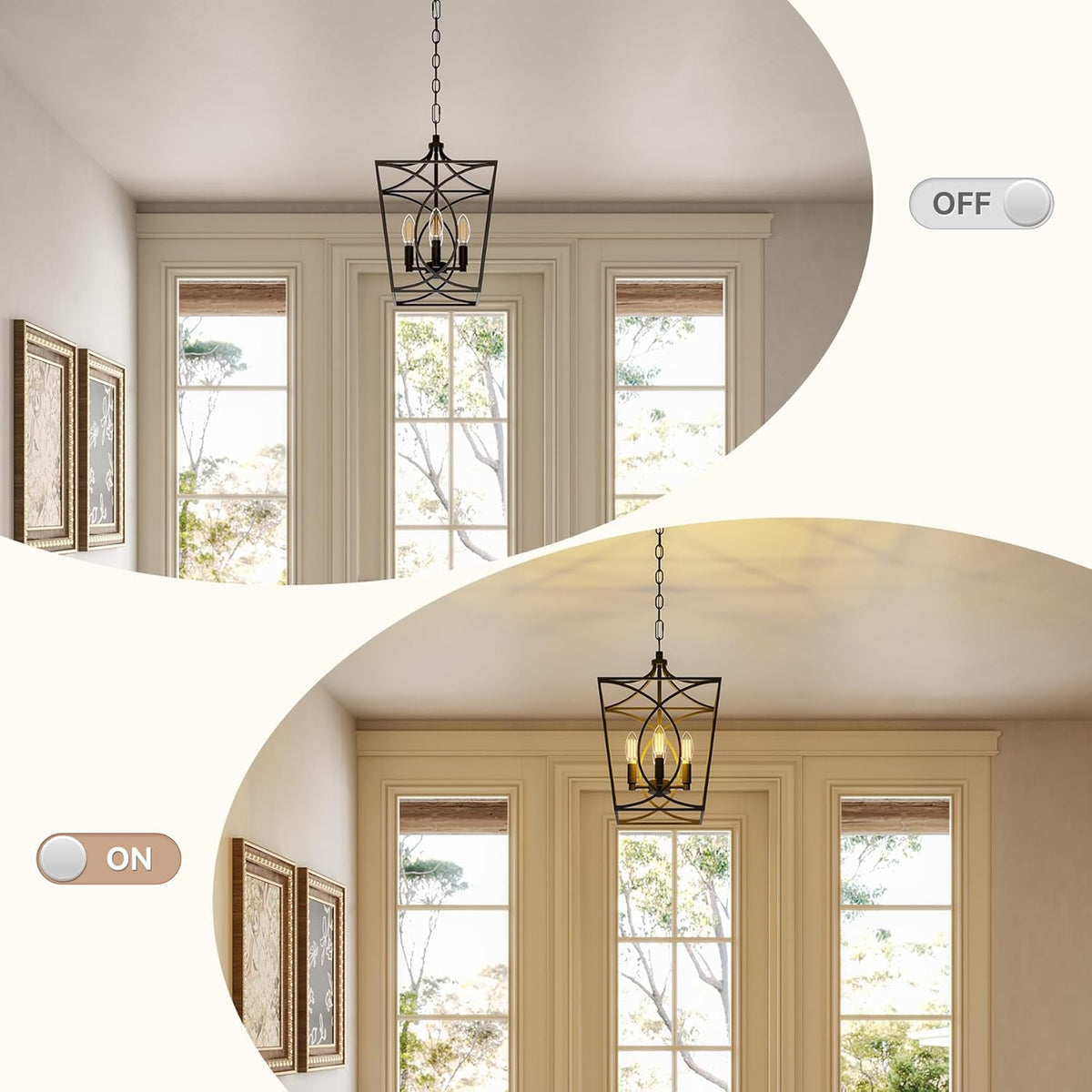 Black metal geometric cage pendant light with four bulbs, shown lit in a room with windows
