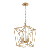 Gold geometric cage pendant light with four exposed bulbs, viewed from front