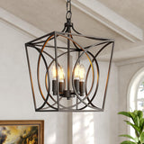 Black metal geometric cage pendant light with four exposed bulbs, hanging in a room with white walls and arched window