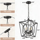 Black metal four-light geometric cage pendant light with dimensions shown, for flat, vaulted, or sloped ceilings